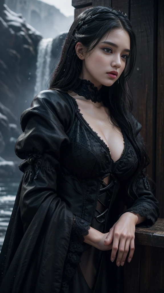 HDR 10, beautiful girl, detailed eyes, detailed lips, very long hair, black hair, ultra detailed texture, water drops, outdoors, game of thrones, black heavy dress, (high detailed black dress:1.5), lace, loops, soft lighting, attractive poses,