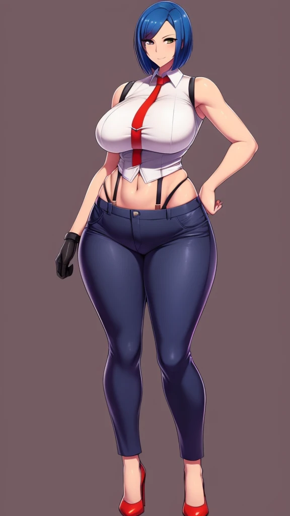 A tall woman, sexy, big breast, beautiful, happy, confident, with short bright blue hair and orange eyes, wearing a white sleeveless button-down shirt, showing her navel and dark blue pants underneath, and wearing a red kitten heel.