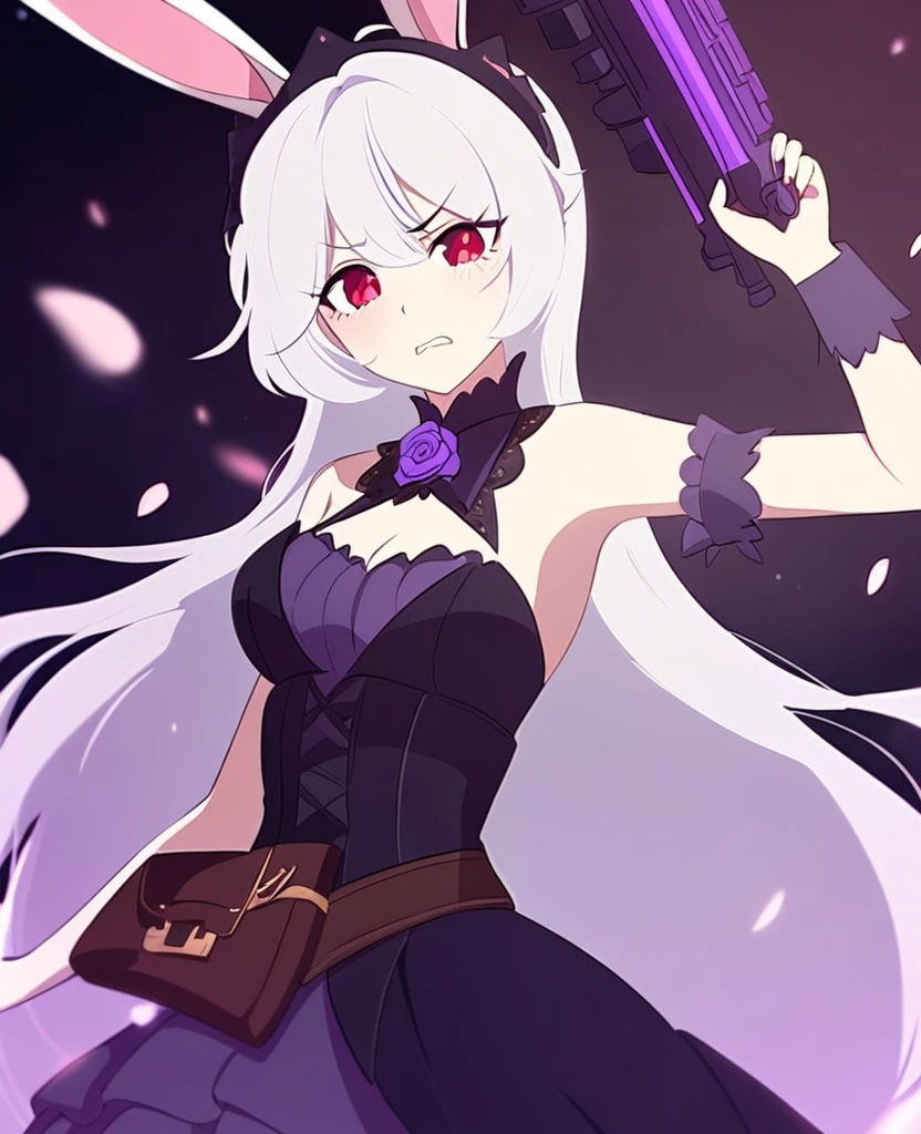 Make me a RWBY OC. She is a bunny faunus girl. Her weapon being these purple machine guns. She's shy and quiet, but gets angry and hot-blooded in battle. She has long white hair and red eyes. Draw in RWBY Ice Queendom artstyle. She wears a dark and purple steampunk yet royal and formal like outfit. Give her an almost anxious or scared face.