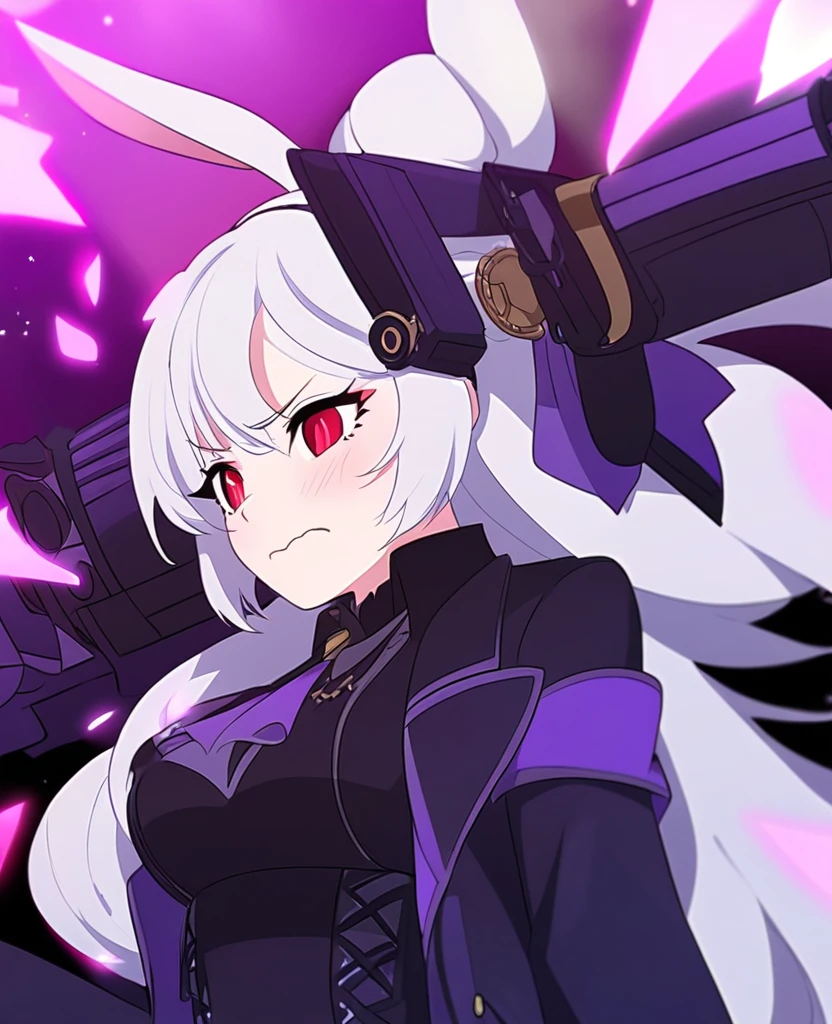 Make me a RWBY OC. She is a bunny faunus girl. Her weapon being these purple machine guns. She's shy and quiet, but gets angry and hot-blooded in battle. She has long white hair and red eyes. Draw in RWBY Ice Queendom artstyle. She wears a dark and purple steampunk yet royal and formal like outfit. Give her an almost anxious or scared face.