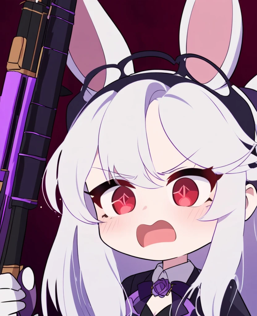 Make me a RWBY OC. She is a bunny faunus girl. Her weapon being these purple machine guns. She's shy and quiet, but gets angry and hot-blooded in battle. She has long white hair and red eyes. Draw in RWBY Ice Queendom artstyle. She wears a dark and purple steampunk yet royal and formal like outfit. Give her an almost anxious or scared face.