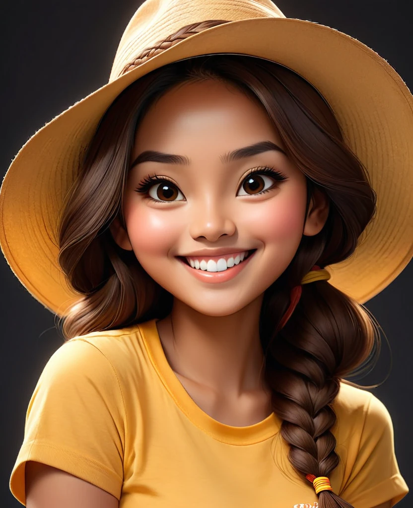 (masterpiece), (best quality), illustration, super detailed, high dynamic range, depth of field, (colorful), ,An Indonesian woman, 23 years old, long brown hair, wearing a panama hat, yellow t-shirt, smiling at the camera, dark background, photo studio, professional photography，Upturned braided ball head，The face is very round，small mouth，Eyes narrowed to a slit，smiling，Looks coquettish，Cute personality，Innocent and adorable，Extremely gluttonous，Cartoon，comics，Pixar