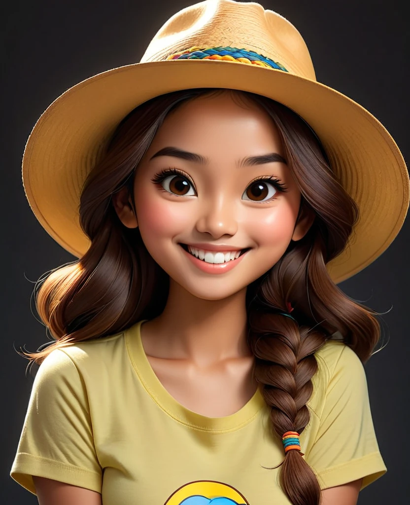 (masterpiece), (best quality), illustration, super detailed, high dynamic range, depth of field, (colorful), ,An Indonesian woman, 23 years old, long brown hair, wearing a panama hat, yellow t-shirt, smiling at the camera, dark background, photo studio, professional photography，Upturned braided ball head，The face is very round，small mouth，Eyes narrowed to a slit，smiling，Looks coquettish，Cute personality，Innocent and adorable，Extremely gluttonous，Cartoon，comics，Pixar