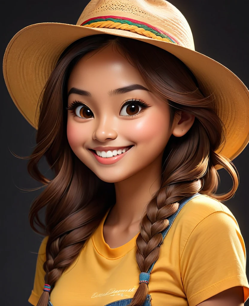 (masterpiece), (best quality), illustration, super detailed, high dynamic range, depth of field, (colorful), ,An Indonesian woman, 23 years old, long brown hair, wearing a panama hat, yellow t-shirt, smiling at the camera, dark background, photo studio, professional photography，Upturned braided ball head，The face is very round，small mouth，Eyes narrowed to a slit，smiling，Looks coquettish，Cute personality，Innocent and adorable，Extremely gluttonous，Cartoon，comics，Pixar