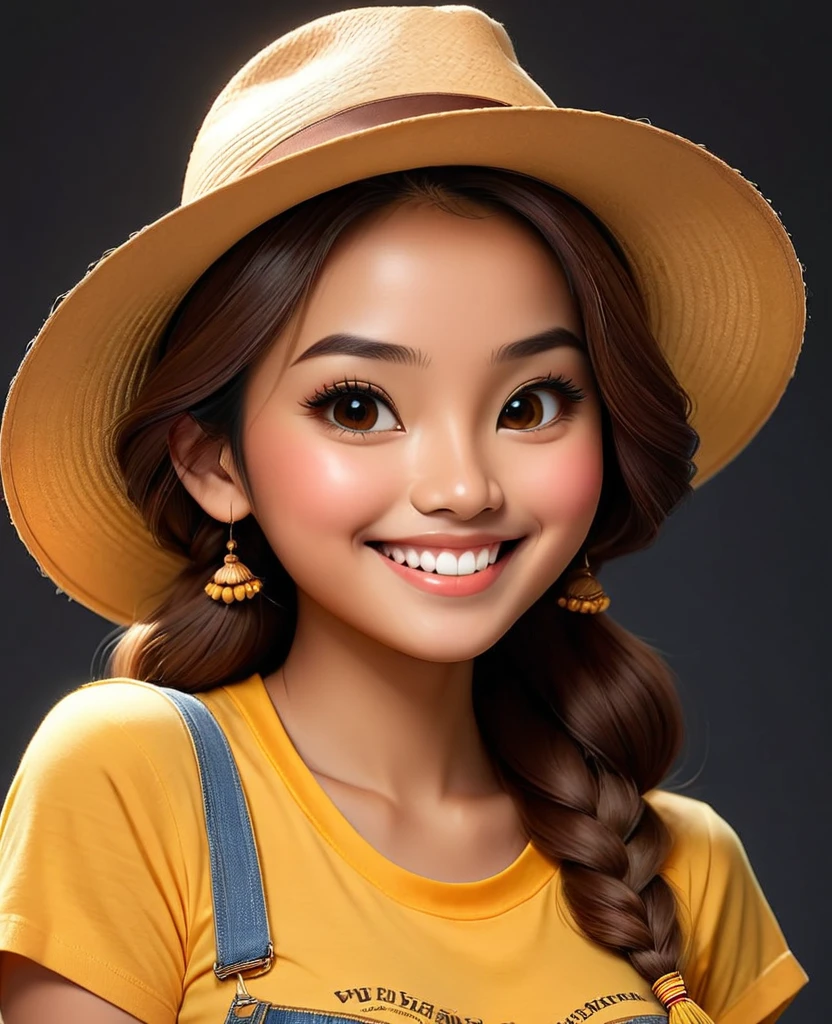 (masterpiece), (best quality), illustration, super detailed, high dynamic range, depth of field, (colorful), ,An Indonesian woman, 23 years old, long brown hair, wearing a panama hat, yellow t-shirt, smiling at the camera, dark background, photo studio, professional photography，Upturned braided ball head，The face is very round，small mouth，Eyes narrowed to a slit，smiling，Looks coquettish，Cute personality，Innocent and adorable，Extremely gluttonous，Cartoon，comics，Pixar