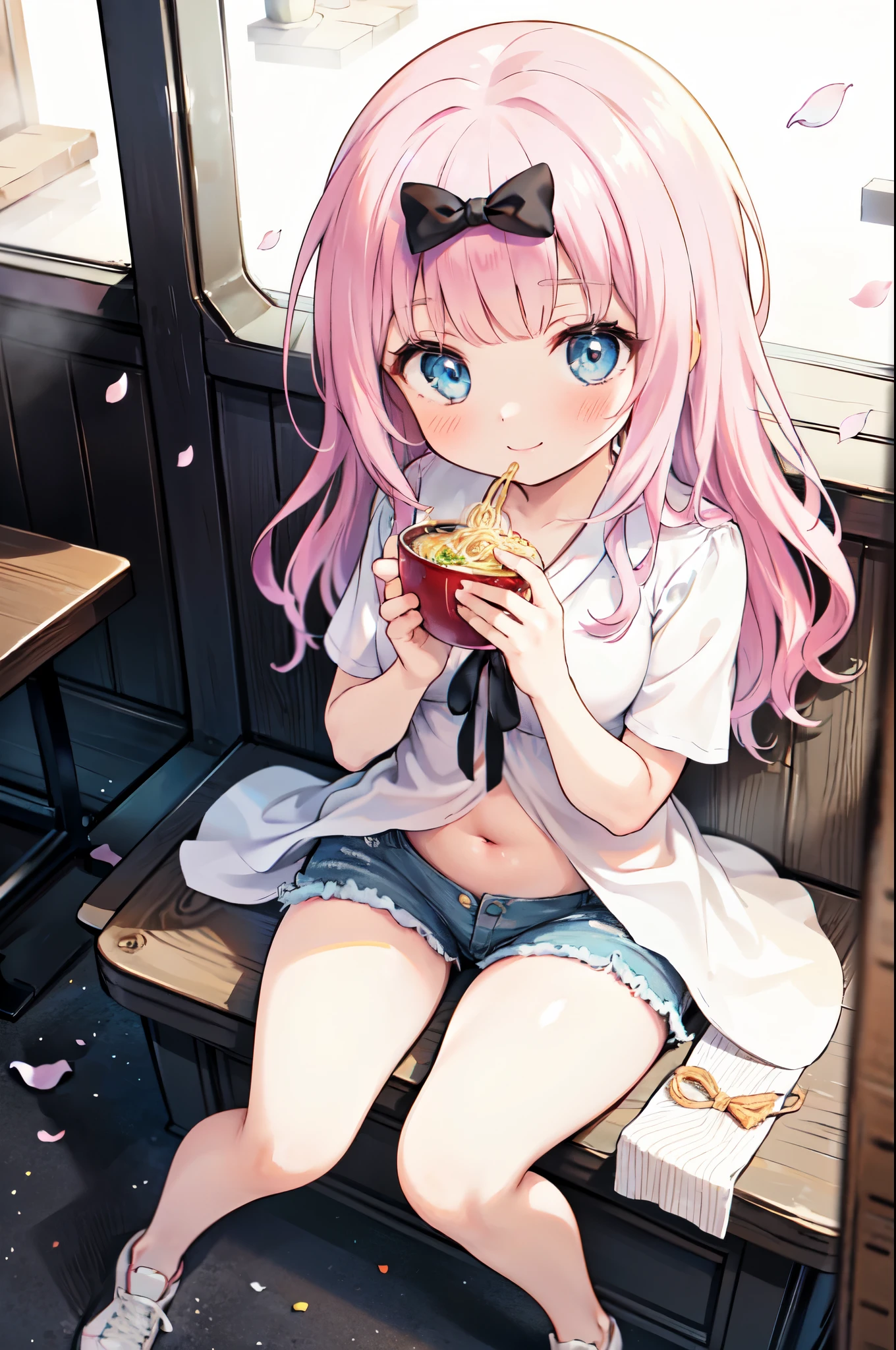realistic image, detailed image, coherent image, 1 beautiful girl, she has very long hair, she has a black bow in her square bangs, pink hair, light blue eyes, smiling, winking, she is wearing a loose blouse, showing navel, mini jean shorts, sneakers, She has a curvy body, medium breasts and thick thighs, She is sitting eating a bowl of ramen, sitting sensually, showing her legs, arching her back, surrounded by falling flower petals around, inside a restaurant, full body view, view from above, sunset, twilight, Soft focus, Dramatic shadows, Volumetric lighting, natural lighting,chika fujiwara