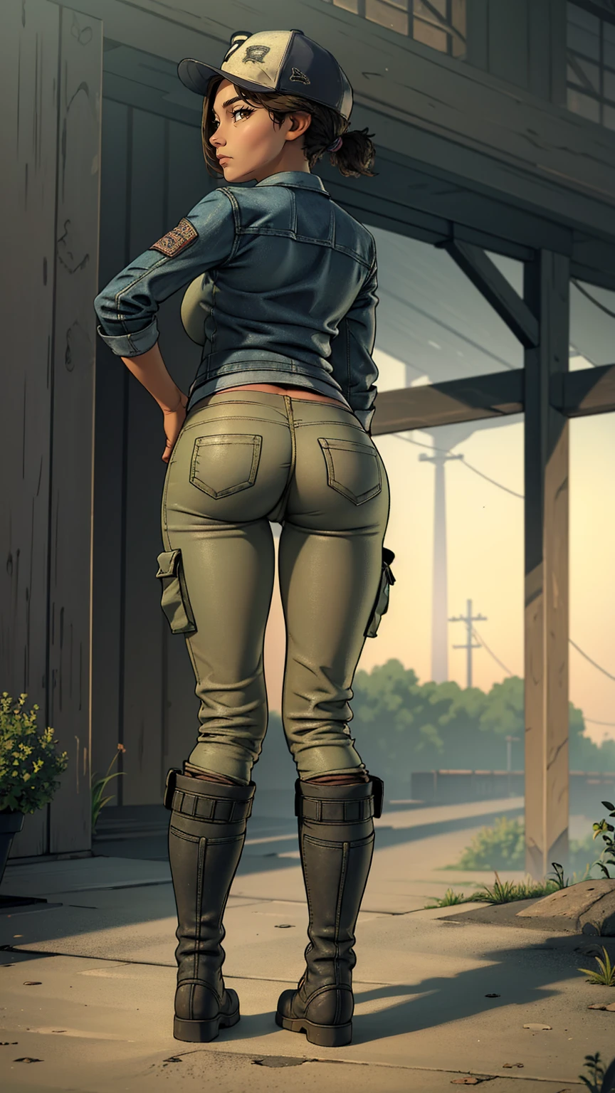 ((masterpiece, best quality)),(complex lighting) ,solo,(((1girl))) ,clementine, light skin,light-skinned female, baseball cap, green cargo pants, brown eyes, tight pants, combat boots, shirt, short hair, one short ponytail, open denim jacket, huge butt, thicc butt , (((8k))), (((full body))), (((bent over))), (((looking at the viewer))), cameltoe