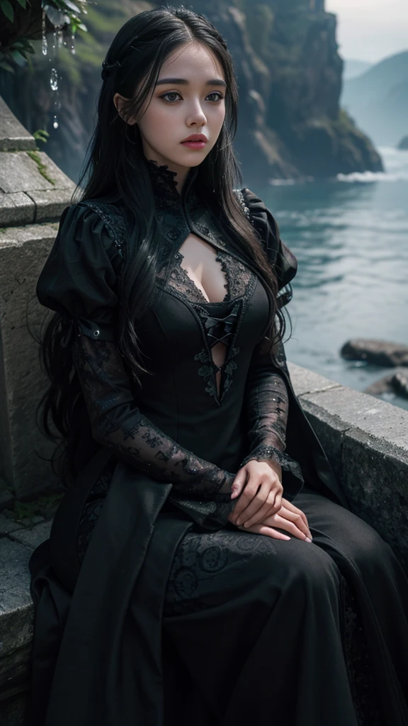 HDR 10, beautiful girl, detailed eyes, detailed lips, very long hair, black hair, ultra detailed texture, water drops, outdoors, game of thrones, black heavy dress, (high detailed black dress:1.5), lace, loops, soft lighting, sitting,