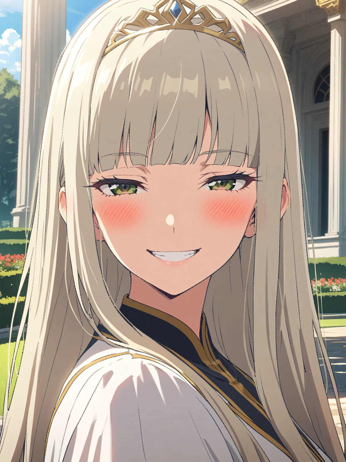 {{portrait, face focus}} {{Artist: Sincos}} 1 woman, solo, mature female, elegant, princess, medium breasts, platinum blonde hair, long hair, straight hair, hime cut, green eyes, white dress, gold trim, tiara, looking at viewer, blush, bright smile, teeth, half-closed eyes, outdoors, garden, palace, sunny, window.
