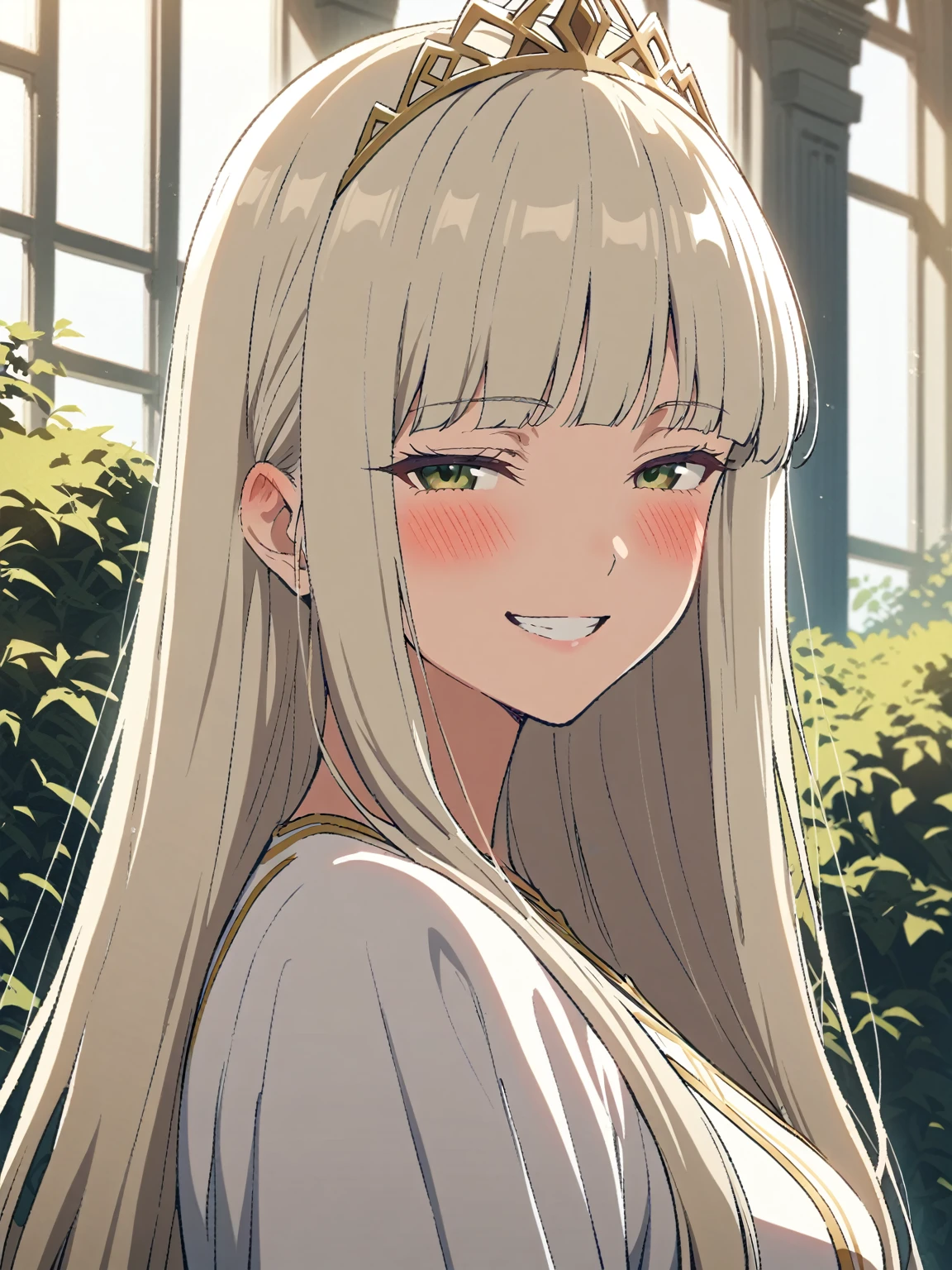 {{portrait, face focus}} {{Artist: Sincos}} 1 woman, solo, mature female, elegant, princess, medium breasts, platinum blonde hair, long hair, straight hair, hime cut, green eyes, white dress, gold trim, tiara, looking at viewer, blush, bright smile, teeth, half-closed eyes, outdoors, garden, palace, sunny, window.
