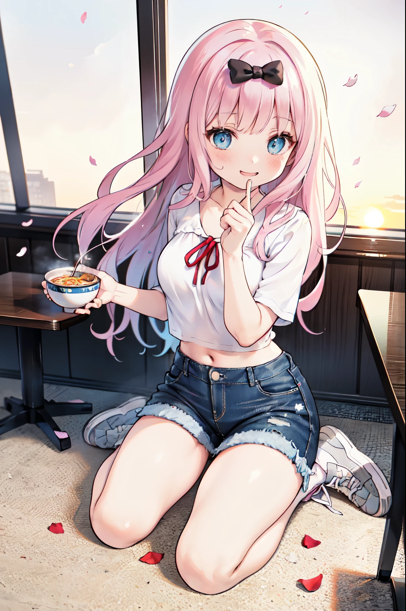 realistic image, detailed image, coherent image, 1 beautiful girl, she has very long hair, she has a black bow in her square bangs, pink hair, light blue eyes, smiling, winking, she is wearing a loose blouse, showing navel, mini jean shorts, sneakers, She has a curvy body, medium breasts and thick thighs, She is sitting eating a bowl of ramen, sitting sensually, showing her legs, arching her back, surrounded by falling flower petals around, inside a restaurant, full body view, view from above, sunset, twilight, Soft focus, Dramatic shadows, Volumetric lighting, natural lighting,chika fujiwara