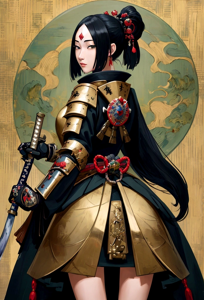 a picture of Japanese female knight, she has long black hair, wearing samurai armor, armed with a katana, ready for battle, ((shot taken from the back)), Japanese fantasy art, (Masterpiece: 1.5), 16k, highres, best quality, high details, ultra detailed, masterpiece, best quality, (extremely detailed), arafed, dnd art, JapaneseKatana