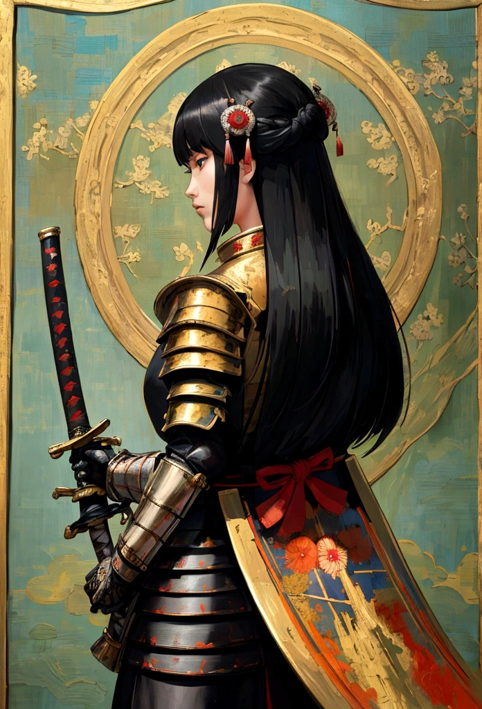 a picture of Japanese female knight, she has long black hair, wearing samurai armor, armed with a katana, ready for battle, ((shot taken from the back)), Japanese fantasy art, (Masterpiece: 1.5), 16k, highres, best quality, high details, ultra detailed, masterpiece, best quality, (extremely detailed), arafed, dnd art, JapaneseKatana