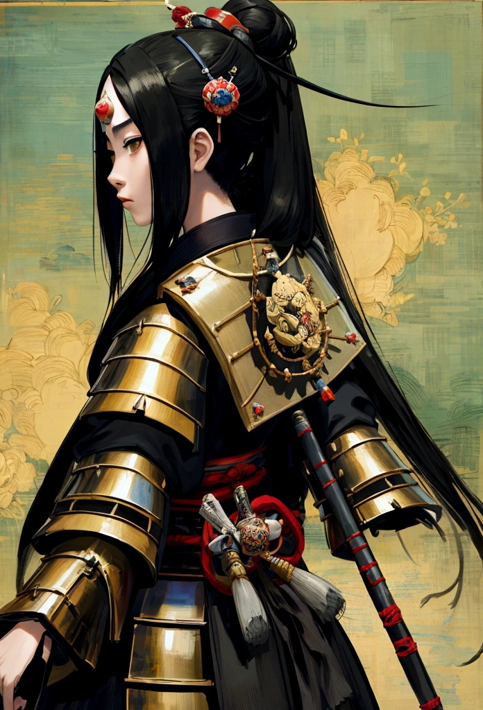 a picture of Japanese female knight, she has long black hair, wearing samurai armor, armed with a katana, ready for battle, ((shot taken from the back)), Japanese fantasy art, (Masterpiece: 1.5), 16k, highres, best quality, high details, ultra detailed, masterpiece, best quality, (extremely detailed), arafed, dnd art, JapaneseKatana