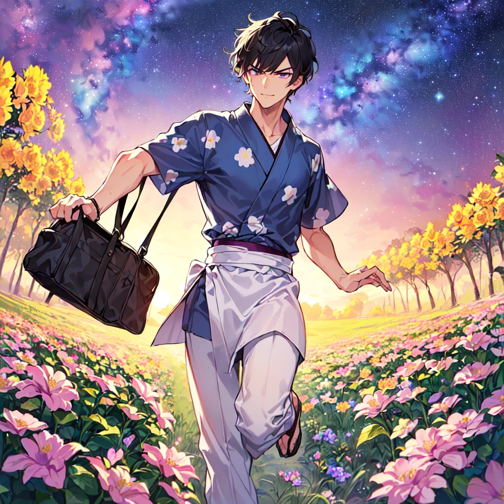 masterpiece,best quality,high quality,(1 male austere handsome solo adult age 30 years:1.5), purple eyes, cool with suspended eyes, V-shaped eyebrows, body strong and fearless 8.5 head tall, height 185 cm, (well-groomed black short hair to neck: 1.4), (bangs 7 thirds parted: 1.4), slender nose, facial muscles, throat, (trousers with yukata short sleeved southern star print: 1.3), (running), (stylish pose), (scowling smile: 1.3), (dynamic pose), (background Milky Way and southern star flower field: 1.5).