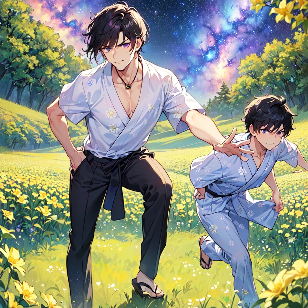 masterpiece,best quality,high quality,(1 male austere handsome solo adult age 30 years:1.5), purple eyes, cool with suspended eyes, V-shaped eyebrows, body strong and fearless 8.5 head tall, height 185 cm, (well-groomed black short hair to neck: 1.4), (bangs 7 thirds parted: 1.4), slender nose, facial muscles, throat, (trousers with yukata short sleeved southern star print: 1.3), (running), (stylish pose), (scowling smile: 1.3), (dynamic pose), (background Milky Way and southern star flower field: 1.5).