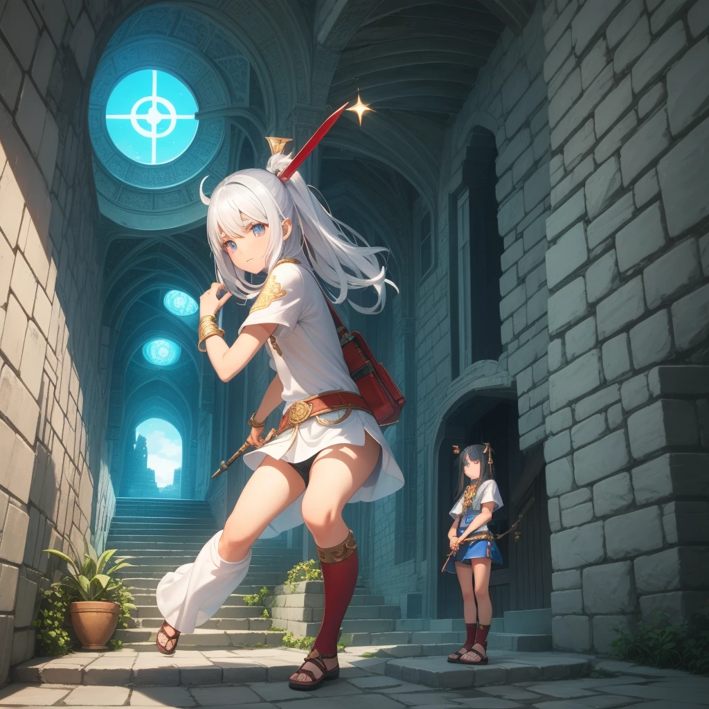 最high quality、high quality、Frugal cloth clothes、10Year-old girl adventurer、Climb the labyrinth stairs、Shorts、Equipped with a dagger and a shield、Inside the dim labyrinth、The whole body is covered with a translucent material.