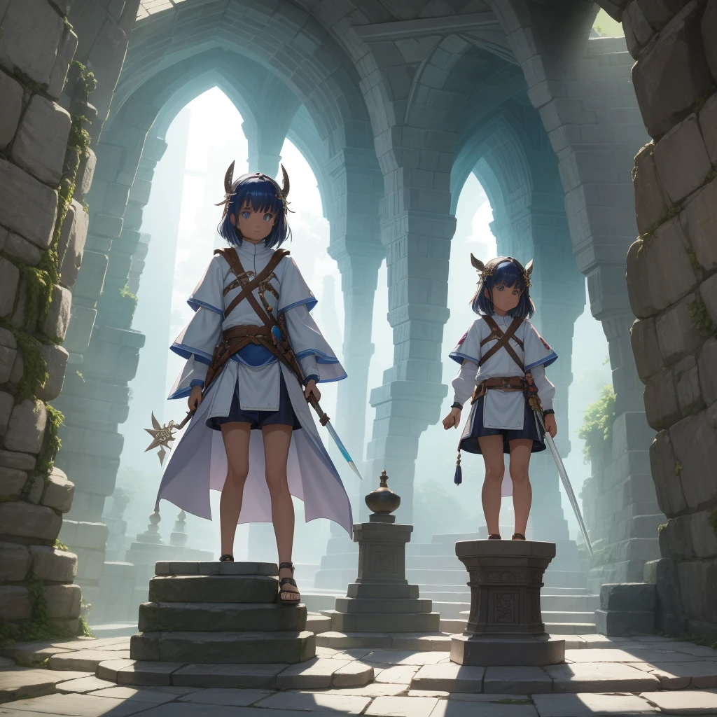 最high quality、high quality、Frugal cloth clothes、10Year-old girl adventurer、Climb the labyrinth stairs、Shorts、Equipped with a dagger and a shield、Inside the dim labyrinth、The whole body is covered with a translucent material.