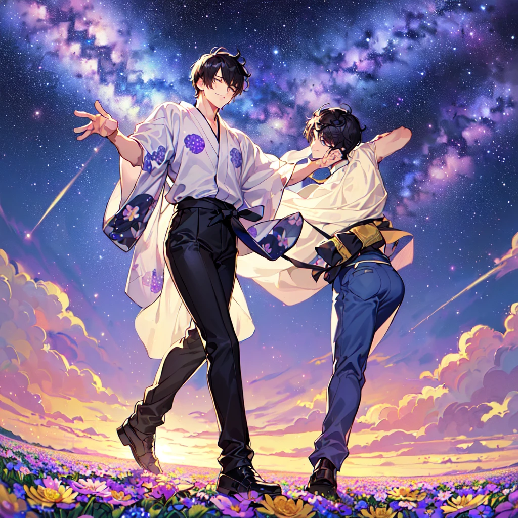 masterpiece,best quality,high quality,(1 male austere handsome solo adult age 30 years:1.5), purple eyes, cool with suspended eyes, V-shaped eyebrows, body strong and fearless 8.5 head tall, height 185 cm, (well-groomed black short hair to neck: 1.4), (bangs 7 thirds parted: 1.4), slender nose, facial muscles, throat, (trousers with yukata short sleeved southern star print: 1.3), (running), (stylish pose), (scowling smile: 1.3), (dynamic pose), (background Milky Way and southern star flower field: 1.5).