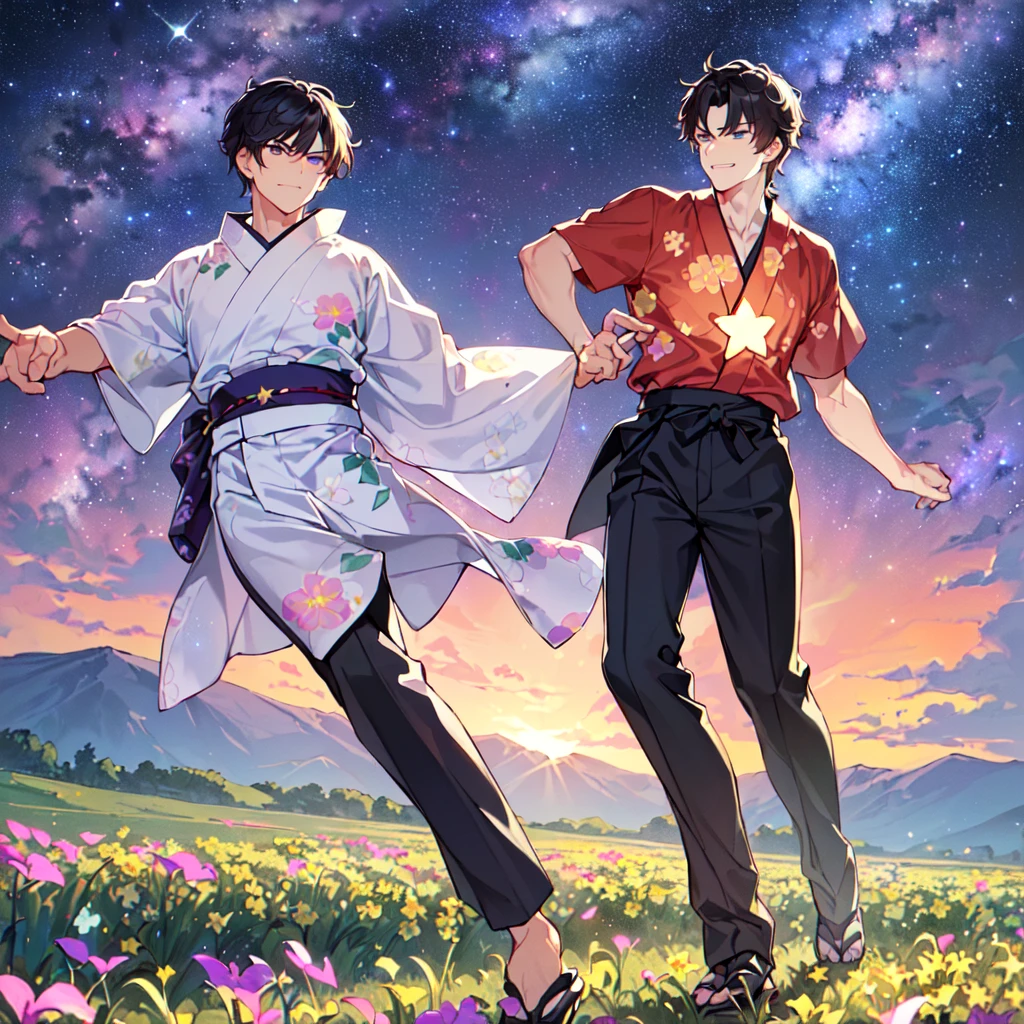 masterpiece,best quality,high quality,(1 male austere handsome solo adult age 30 years:1.5), purple eyes, cool with suspended eyes, V-shaped eyebrows, body strong and fearless 8.5 head tall, height 185 cm, (well-groomed black short hair to neck: 1.4), (bangs 7 thirds parted: 1.4), slender nose, facial muscles, throat, (trousers with yukata short sleeved southern star print: 1.3), (running), (stylish pose), (scowling smile: 1.3), (dynamic pose), (background Milky Way and southern star flower field: 1.5).