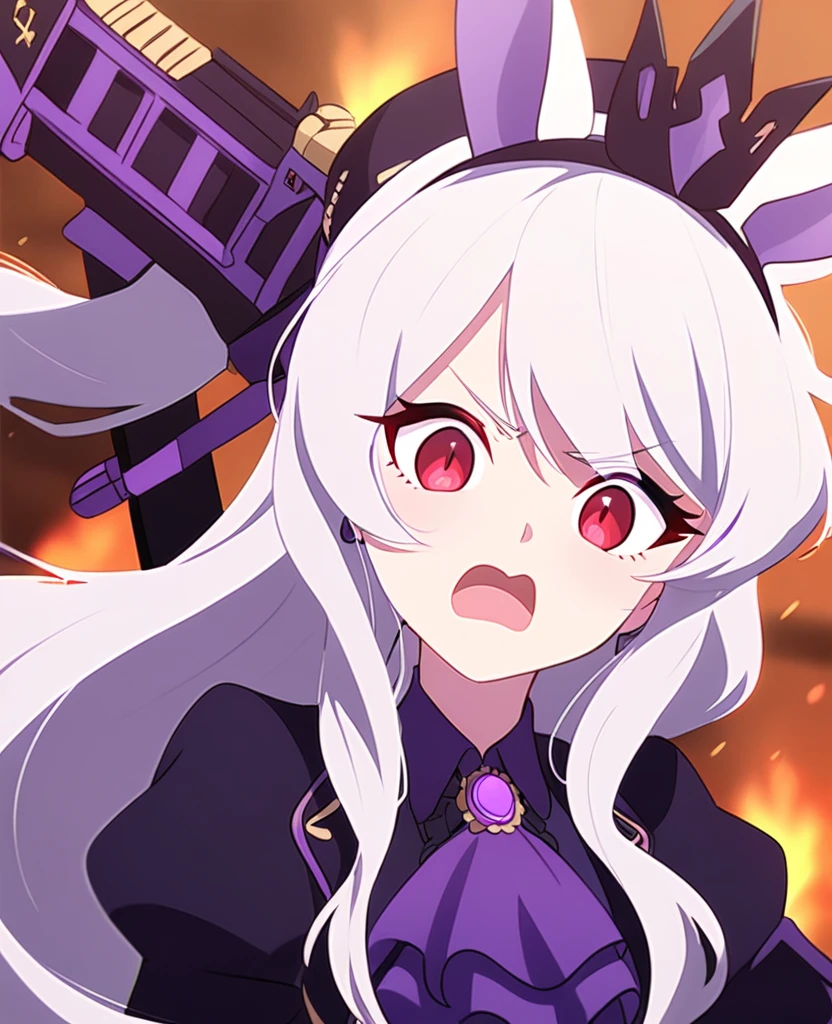 Make me a RWBY OC. She is a bunny faunus girl. Her weapon being these purple machine guns. She's shy and quiet, but gets angry and hot-blooded in battle. She has long white hair and red eyes. Draw in RWBY Ice Queendom artstyle. She wears a dark and purple steampunk yet royal and formal like outfit. Give her an almost anxious or scared face.