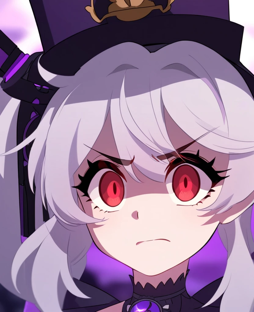 Make me a RWBY OC. She is a bunny faunus girl. Her weapon being these purple machine guns. She's shy and quiet, but gets angry and hot-blooded in battle. She has long white hair and red eyes. Draw in RWBY Ice Queendom artstyle. She wears a dark and purple steampunk yet royal and formal like outfit. Give her an almost anxious or scared face.