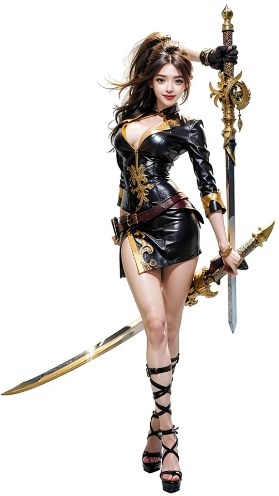 Close-up shot of a young girl wearing a black and gold miniskirt and holding two swords,Smile,Full body close-up,Bangs