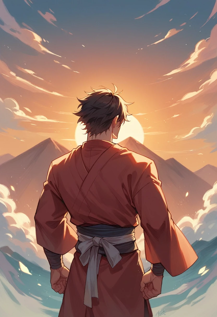 Back View, Samurai, big sunset, 