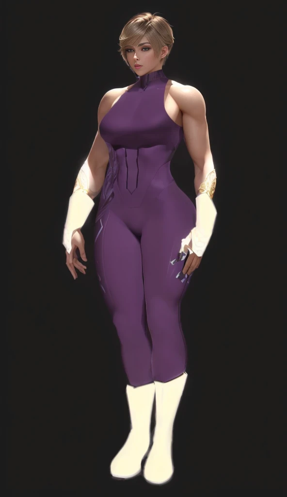 ((best quality)), ((4k)), ((highres)), ((masterpiece:1.2)). ((detailed)), ((ultra realistic)), ((intricate details)), ((full body picture)), ((character design sheet)), ((blank background)), ((standing in a blank background)), a full body shot of a beautiful european female in a skin-tight purple outfit and white-gold boots, cute face, doll-like face, pixie haircut, brown hair, hair blocking eyes, vivid green eyes, athletic body, muscular arms, muscular and feminine, flat abs, full body concept, full body render, full body portrait of a short!, full body details, purple bodysuit, detailed full body concept, full body close-up shot, !!full body portrait!!, full body portrait, full character body, full body with costume, zoomed out full body