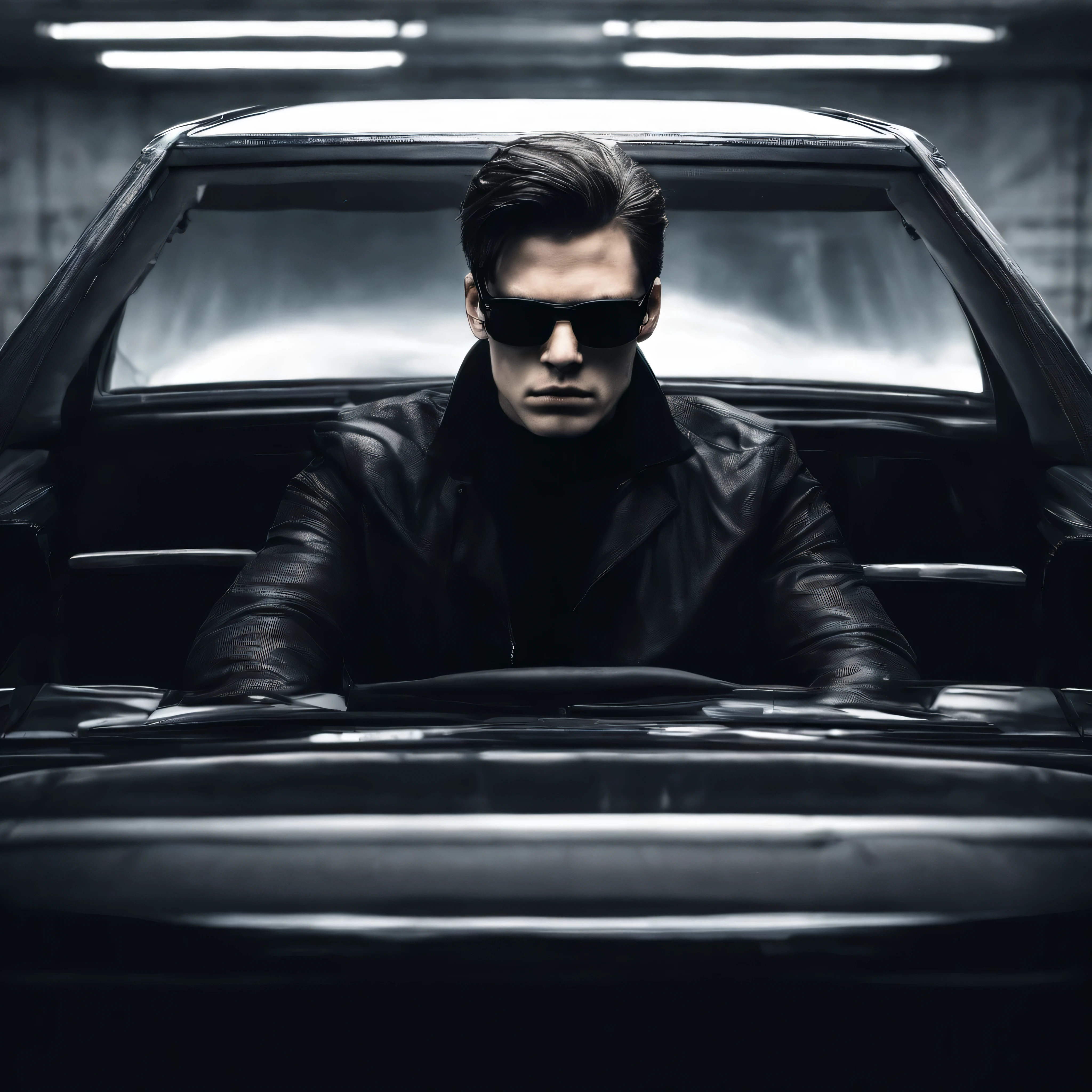 A young man wearing sunglasses and luxurious black clothes, sitting in a Range Rover with confidence, showing signs of control and prestige on his face, high quality.