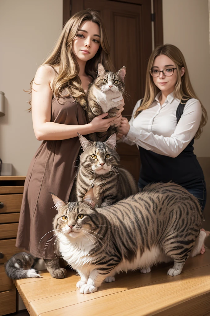 1 giant hairy Maine coon cat, 1 tabby cat and a hairless guinea pig, em cima da cama