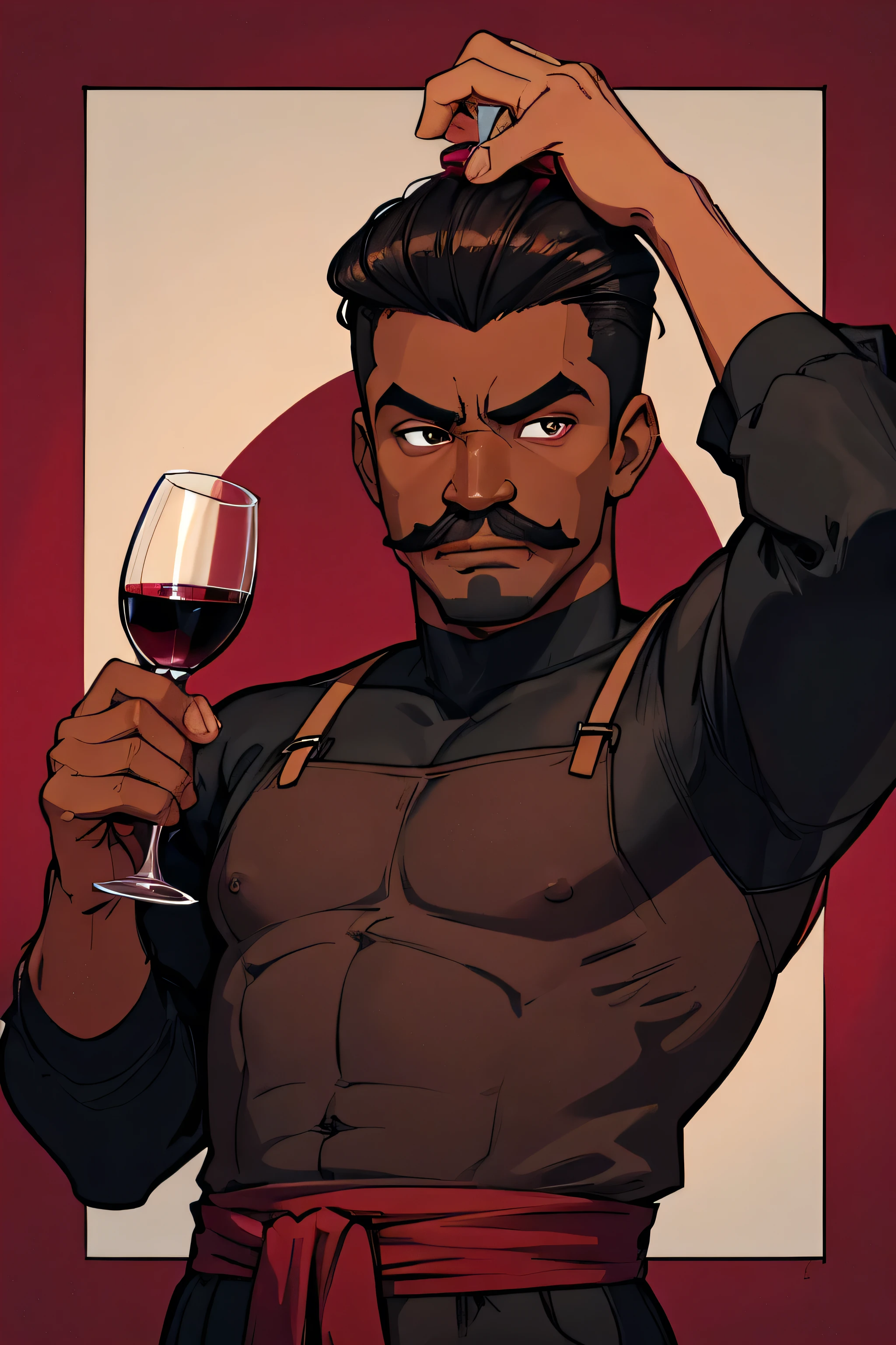 Very inflated (Negro Man), with a small mustache (square hair on head) A glass of red wine in his hand (dark burgundy background color)