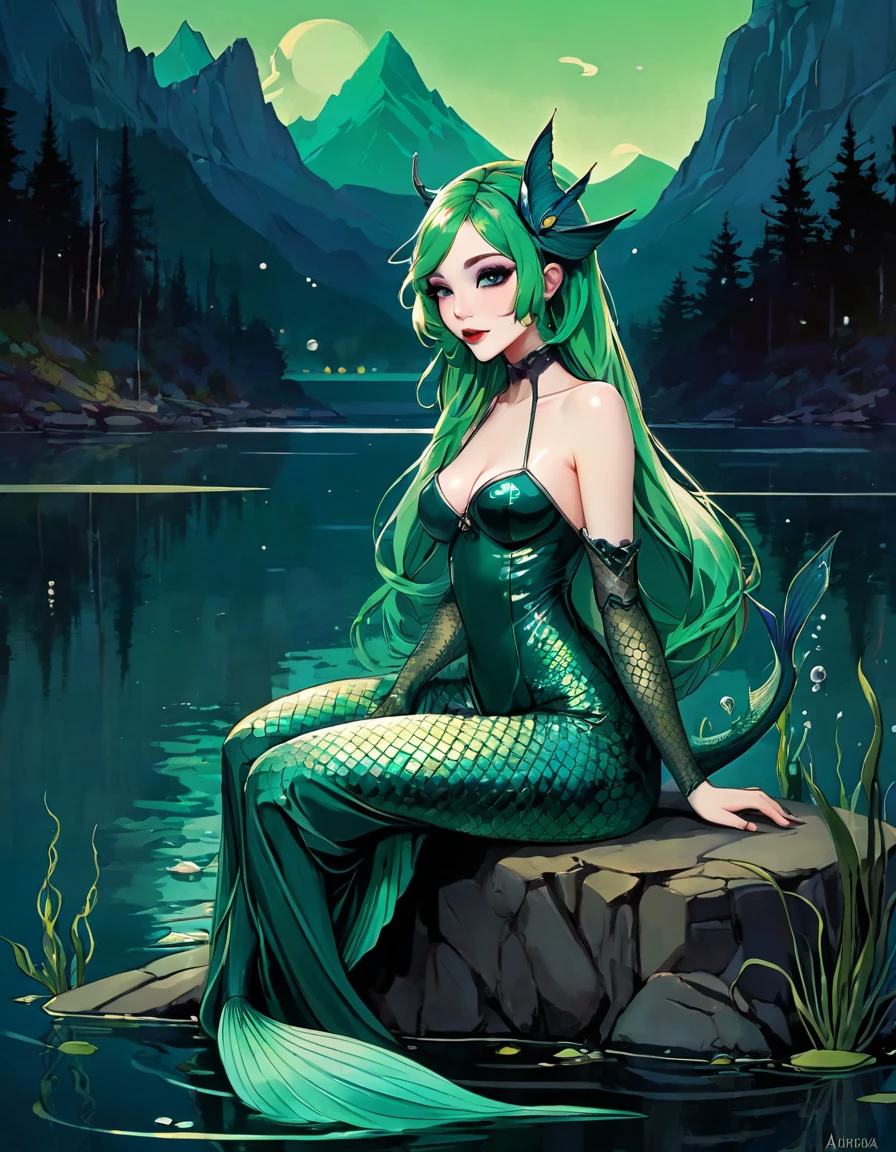 green hair, She is a mermaid with a long tail of fish and very beautiful, she is sitting cheerful and quiet, in the lake with an enclosed mountain, low and bright Darksynth aesthetic, minimalist background, gothic makeup, weird fashion photography, ultra detailed, masterpiece. night, God, full body, Decorative panels, Abstract artistic, Alphonse Mucha (tmasterpiece, Best quality, A high resolution: 1.4), A detailed, Complicated details,(art inspired by Bill Sienkiewicz) oil painting, details of brush strokes that enhance depth)