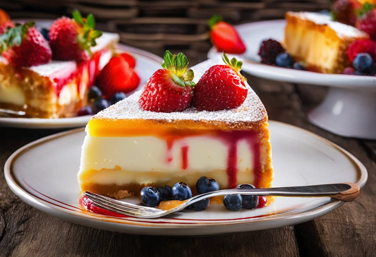 Hermosa y deliciosa tarta de queso,rebanada de tarta de queso,textura cremosa,ricos sabores,corteza mantecosa,Postre decadente,Amantes de los postres,food photograph,colores vibrantes,Deliciosos aderezos,Agua en la boca,Capricho indulgente,Postre tentador,irresistible aroma,Delicate presentation,sabor celestial,Deliciosamente suave,perfectamente horneado,Cheesecake factory quality,Tarta de queso crème brulee,Tarta de queso con remolino de fresa,Divine creation,artistic masterpiece,Layered perfection,rustic elegance,Superbly plated,explosion of flavors,delicia deliciosa,Bite-sized pleasure,Cocina creativa,obra maestra culinaria,estilo de comida,Agua en la boca dessert image,stunning composition,antojos tentadores,aesthetic delight,Sabores vivos,Bakery showcase,indulgencia decadente,Lujosa experiencia de postre,Dessert Dreamland,Entusiastas de la comida.