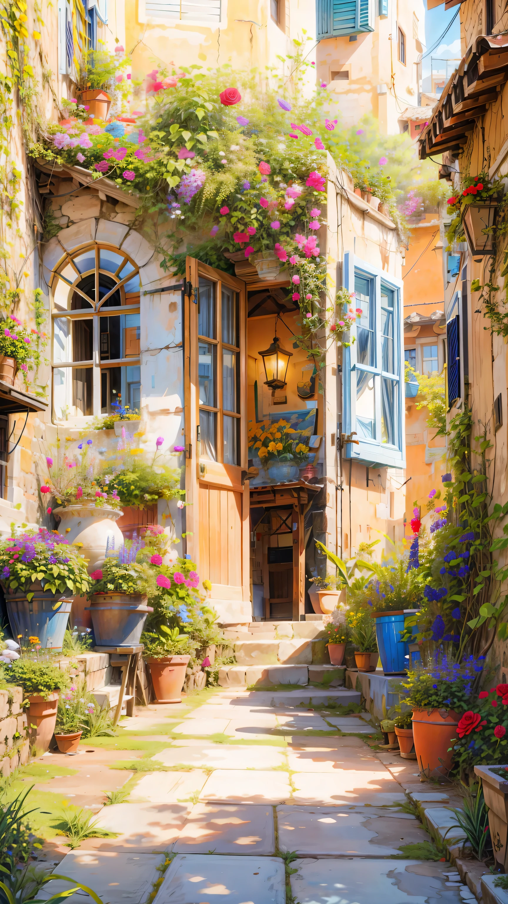 Beautiful door painting decorated with many roses,iron glass door, Wall lamp,Small steps to the door, hanging door lamp, Sunlit image,Flowers, Beautiful Art UHD 4K, Beautiful artwork illustration, Beautiful digital painting, Highly detailed digital painting, Beautiful digital art, A bustling magical town, Mediterranean fishing village, Mediterranean cities, Detailed painting 4k, ancient mediterranean village, Highly detailed digital painting, Rich, picturesque colors, Gorgeous digital painting