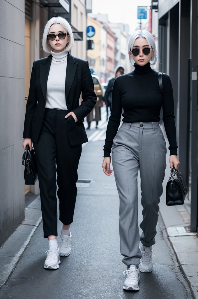 A female character with white hair and a black turtleneck and baggy gray pants and white sneakers and a white beard and sunglasses