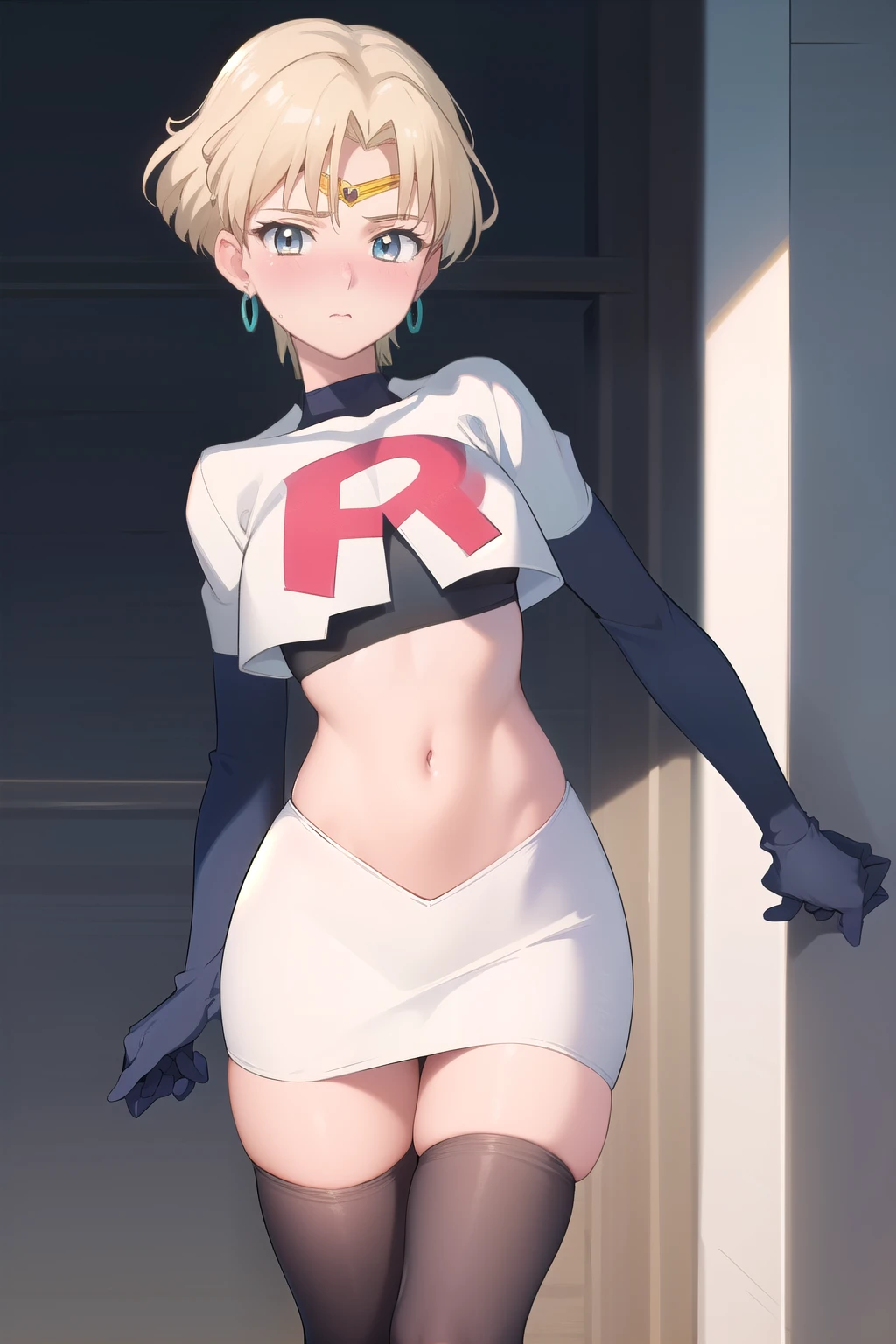 (best quality:1.1), (masterpiece:1.4), (absurdres:1.0),
1girl, sailor uranus, KizukiAi, mature woman, small breasts, aqua eyes, blonde hair, (blush:1.2), earrings,looking at viewer, team rocket,team rocket uniform,white skirt,red letter R,crop top,black thigh-highs,black elbow gloves
 