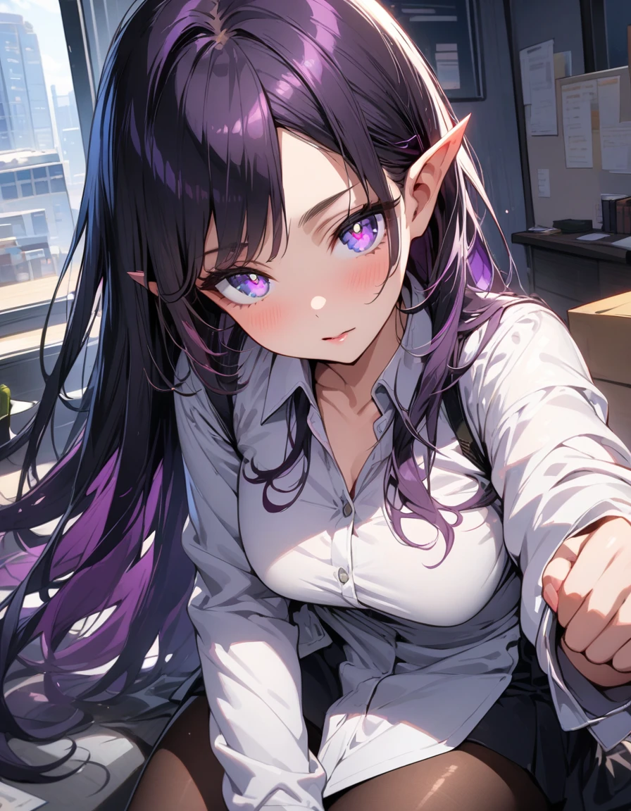 ((highest quality, masterpiece, ultra high definition, high resolution)), ((ultra-detailed illustrations:1.2)), 1 girl, solo, anime style, beautiful hair, parted bangs, loose hair, long hair, black hair, dark purple hair, multi colored hair, beautiful detailed eyes, beautiful detailed pupils, violet eyes, looking at viewer, pointed ears, mid-chest, white shirt, collared shirt, opened collar, long sleeves, black mini skirt, pantyhose, shiny skin, shiny, indoor, office