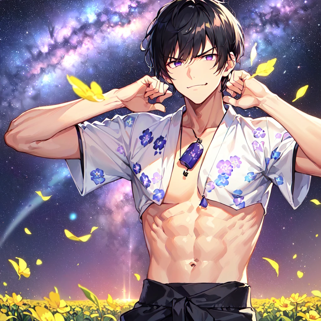masterpiece,best quality,high quality,(1 male austere handsome solo adult age 30 years:1.5), purple eyes, cool with suspended eyes, V-shaped eyebrows, body strong and fearless 8.5 head tall, height 185 cm, (well-groomed black short hair to neck: 1.4), (bangs 7 thirds parted: 1.4), slender nose, facial muscles, throat, (trousers with yukata short sleeved southern star print: 1.3), (running), (stylish pose), (scowling smile: 1.3), (dynamic pose), (background Milky Way and southern star flower field: 1.5), (upper body:1.3)