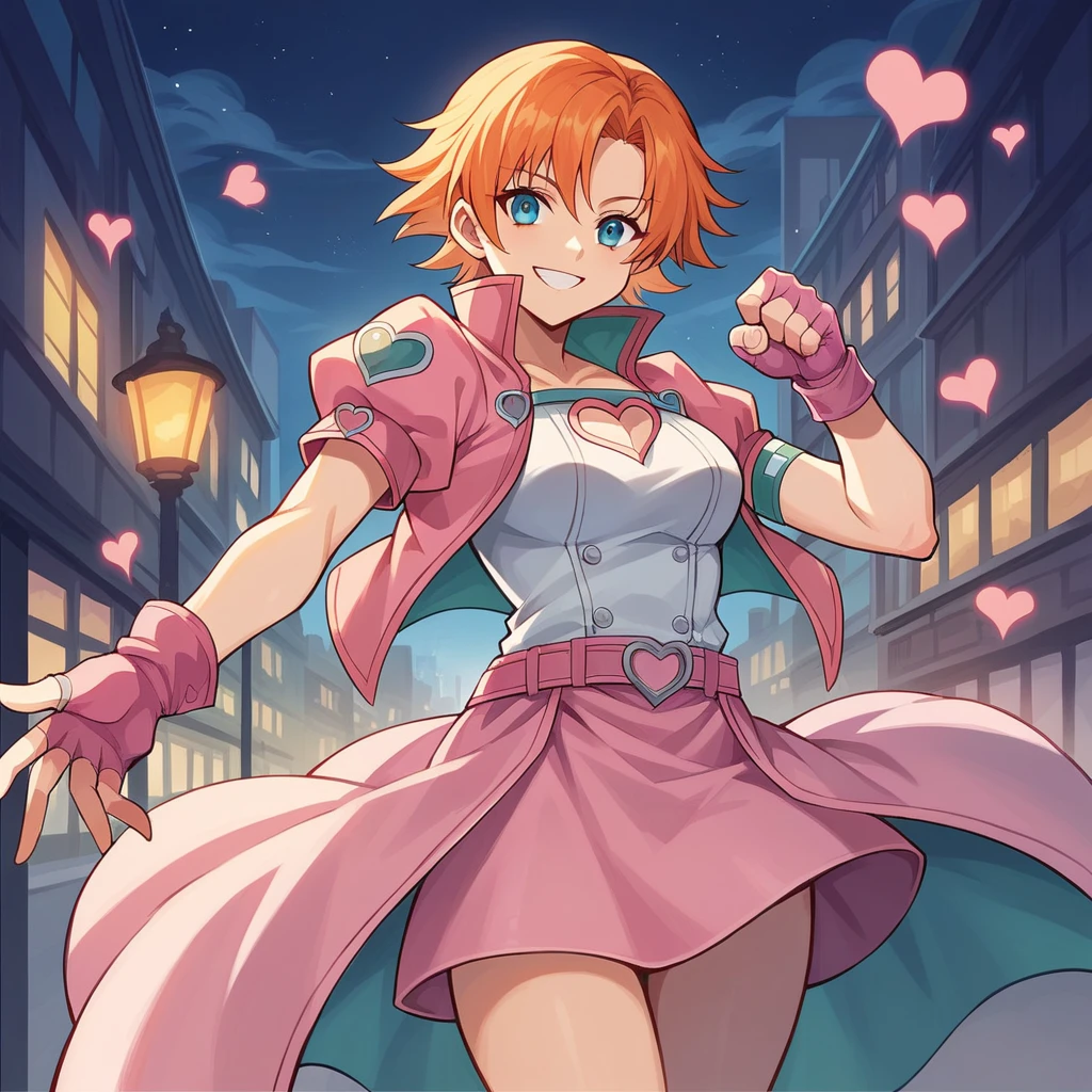 1girl,cowboy shot, beautiful nora_valkyrie, looking at viewer, smile, short hair, blue eyes,heart cutout, gloves, jacket, pink skirt, pink belt, short sleeves, puffy sleeves, single armband, fingerless gloves, orange hair, pink gloves, dynamic pose, night, outdoors, city, (volumetric lighting), best quality, masterpiece, intricate details, tonemapping, sharp focus, hyper detailed, trending on Artstation,