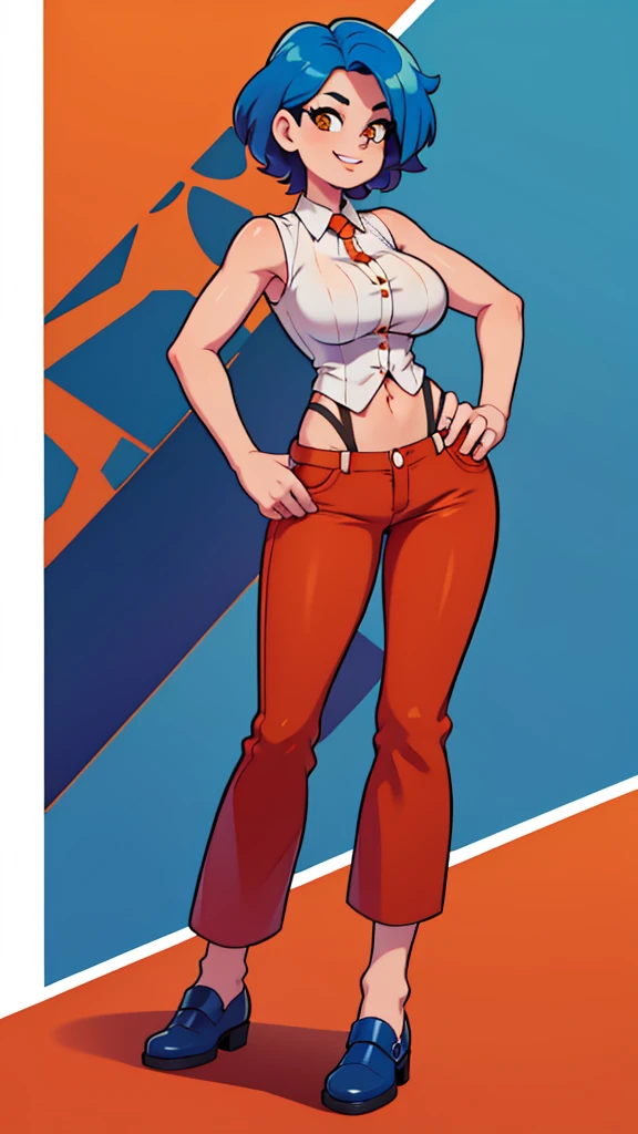 A tall woman, sexy, big breast, beautiful, happy, short bright blue hair, orange eyes, wearing a white sleeveless button-down shirt, showing her navel, and dark blue pants underneath, wearing a red kitten heel.