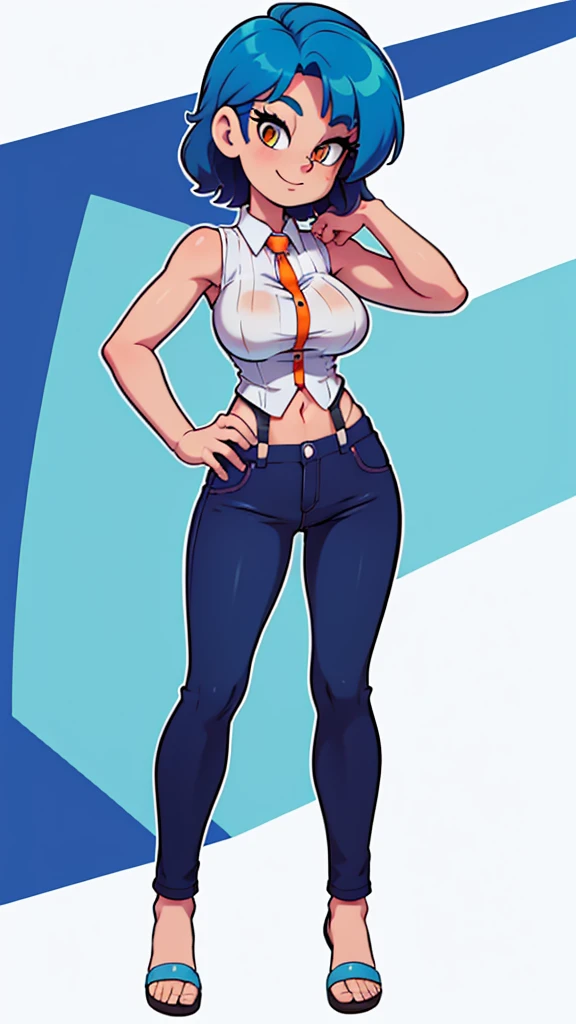 A tall woman, sexy, big breast, beautiful, happy, short bright blue hair, orange eyes, wearing a white sleeveless button-down shirt, showing her navel, and dark blue pants underneath, wearing a red kitten heel.