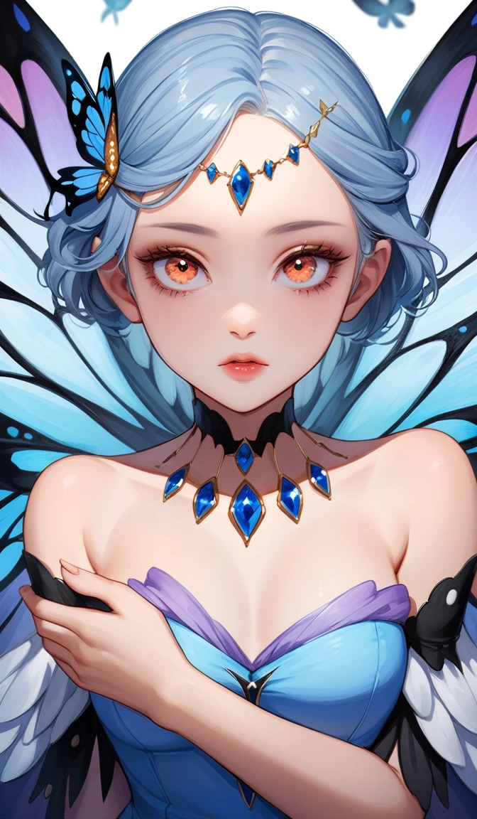 atmosfera chuva vermelha, Besouro fairy and colorful mix (blue, orange, black, white) butterflies around her. sexy Bruna marquezine + bulma peitos grandes Magnificent butterfly wings. Colorful mix stars red on the head. Light colored big eyes. Eyes and pupils should be symmetrical. Look at the camera. Pink and blue tulle dress with top and white skirt. Full lips. Close-up portrait. Centered image. I don't want jewelry. Elegant face. Ink drawing. Watercolor. Hyperrealism. Fantastic. Fantasy. Naturalism. Surrealism. Pop Surrealism. Absurd. Close-up portrait. Centered image. Perfect pose. Admirable. I don't want jewelry. Flawless beauty. Rare beauty. Mysterious. A dreamy fairy tale. Storybook illustration. A masterpiece of small details. Sharp focus. Ultra detailed. Dynamic pose. Fluent. Energetic. Organic. Atmospheric. Perfect synchronization of soft colors and vivid colors. 60-30-10 rule. The image must have a mysterious look and an incredible masterpiece quality. Ultra detailed. Soft palette. Transition from tone to tone. Super details. Pay close attention to small details. Ultra-fine details that capture every texture. The macro should provide details. Super detailed texture. Realistic texture design. Luxurious details. It must be absolutely perfect. Cinematic effects must be applied. The proportions of objects must match the aspect ratio of the screen. It must be UHD (Ultra High Definition format). High quality. 32k Ultra HD, ultra realistic. 35mm Fuji Film. Pino Daeni style. Brooke Shaden style. Michael Hussar style. Gerald Brom style.