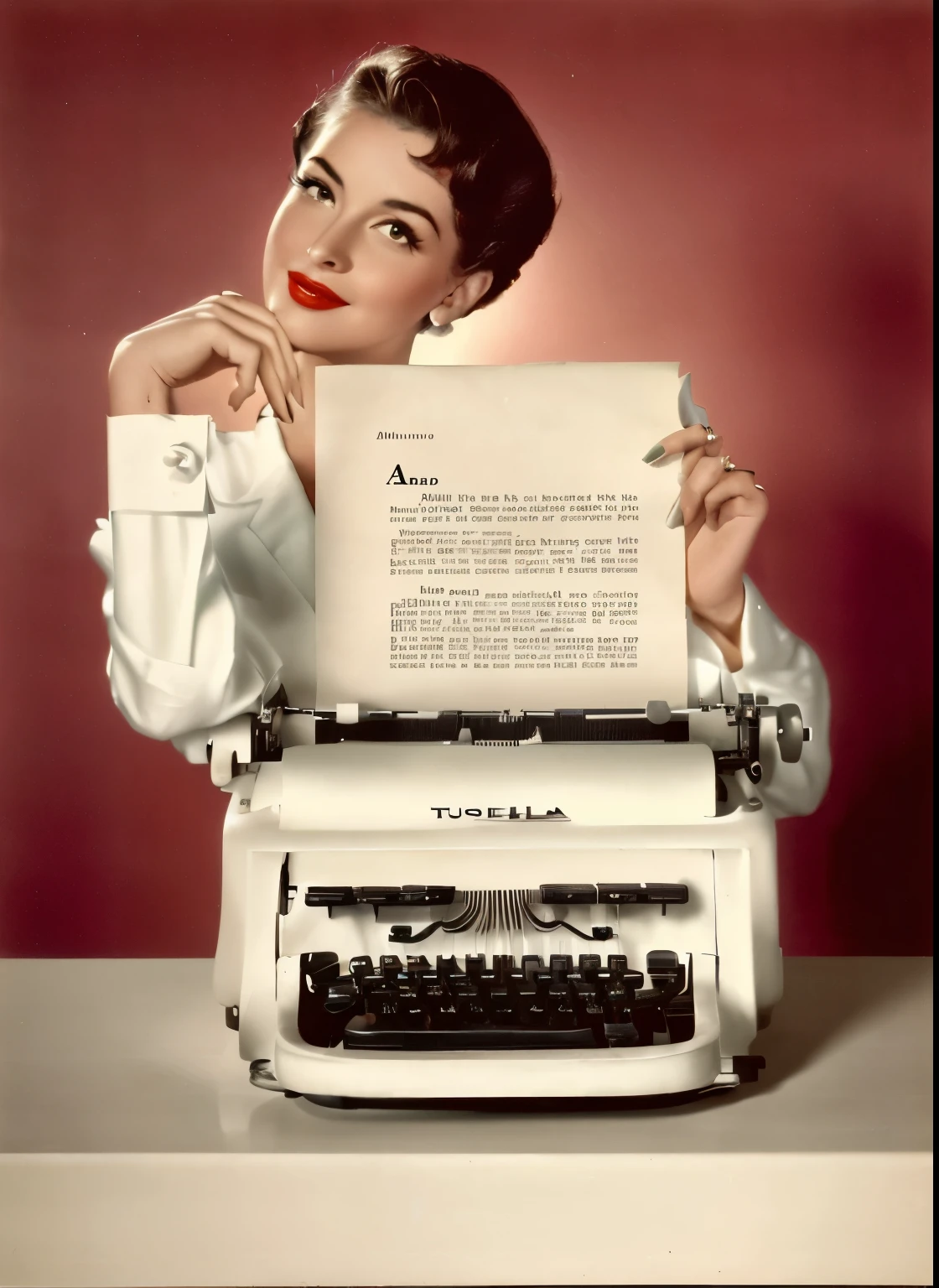arafed woman holding a sheet of paper over a typewriter, screenwriter, retro ad, 1958, 1 9 5 8, 50s style infomercial, 1959, 1956, 1 9 5 6, 1 9 5 4, 1954, 1957, 1 9 6 0, 1960