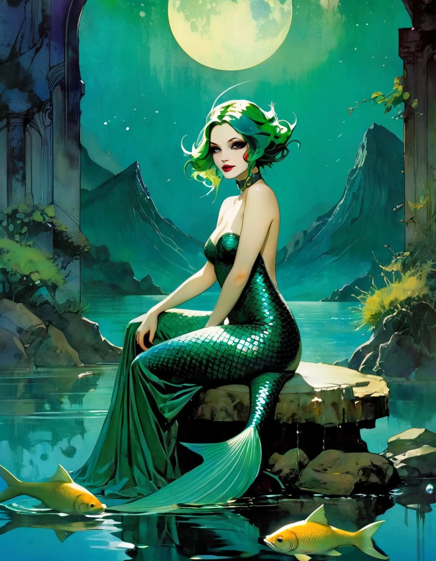 green hair, She is a mermaid with a long tail of fish and very beautiful, she is sitting cheerful and quiet, in the lake with an enclosed mountain, low and bright Darksynth aesthetic, minimalist background, gothic makeup, weird fashion photography, ultra detailed, masterpiece. night, God, full body， Decorative panels， Abstract artistic， Alphonse Mucha （tmasterpiece， Best quality， A high resolution： 1.4）， A detailed， Complicated details，(art inspired by Bill Sienkiewicz) oil painting, details of brush strokes that enhance depth)
