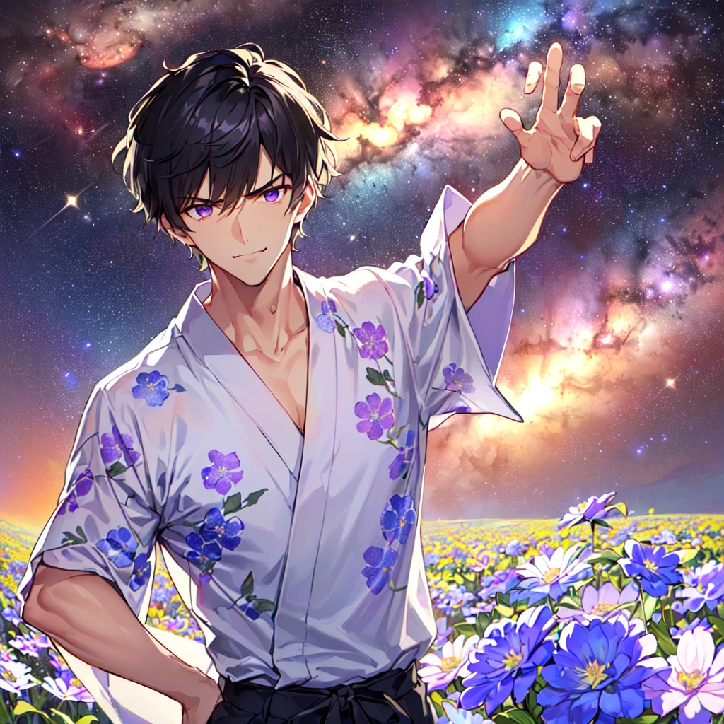 masterpiece,best quality,high quality,(1 male austere handsome solo adult age 30 years:1.5), purple eyes, cool with suspended eyes, V-shaped eyebrows, body strong and fearless 8.5 head tall, height 185 cm, (well-groomed black short hair to neck: 1.4), (bangs 7 thirds parted: 1.4), slender nose, facial muscles, throat, (trousers with yukata short sleeved southern star print: 1.3), (running), (stylish pose), (scowling smile: 1.3), (dynamic pose), (background Milky Way and southern star flower field: 1.5), (upper body:1.3)