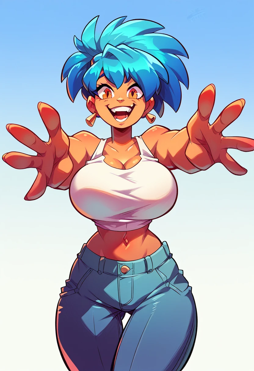 A tall woman, sexy, big breast, beautiful, happy, confident, with short bright blue hair and orange eyes, wearing a white sleeveless button-down shirt, showing her navel and dark blue pants underneath, and wearing a red kitten heel.