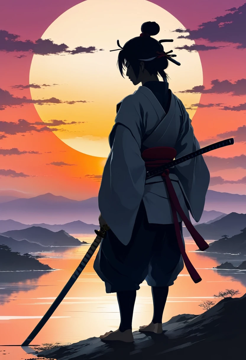 Back View, Samurai silhouette, big sunset,