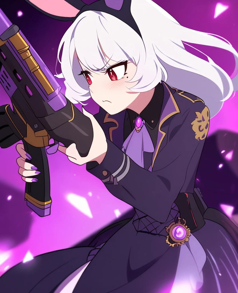 Make me a RWBY OC. She is a bunny faunus girl. Her weapon being these purple machine guns. She's shy and quiet, but gets angry and hot-blooded in battle. She has long white hair and red eyes. Draw in RWBY Ice Queendom artstyle. She wears a dark and purple steampunk yet royal and formal like outfit. Give her an almost anxious or scared face. Shooting her gun.