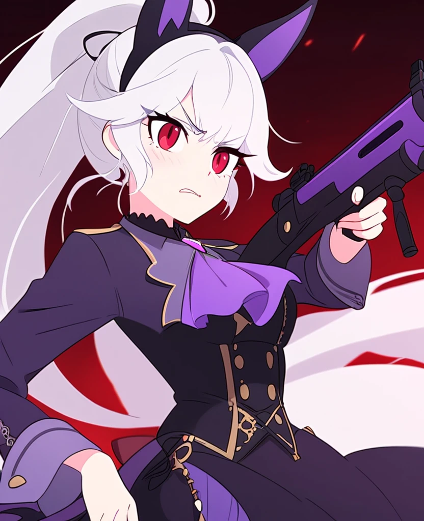 Make me a RWBY OC. She is a bunny faunus girl. Her weapon being these purple machine guns. She's shy and quiet, but gets angry and hot-blooded in battle. She has long white hair and red eyes. Draw in RWBY Ice Queendom artstyle. She wears a dark and purple steampunk yet royal and formal like outfit. Give her an almost anxious or scared face. Shooting her gun.